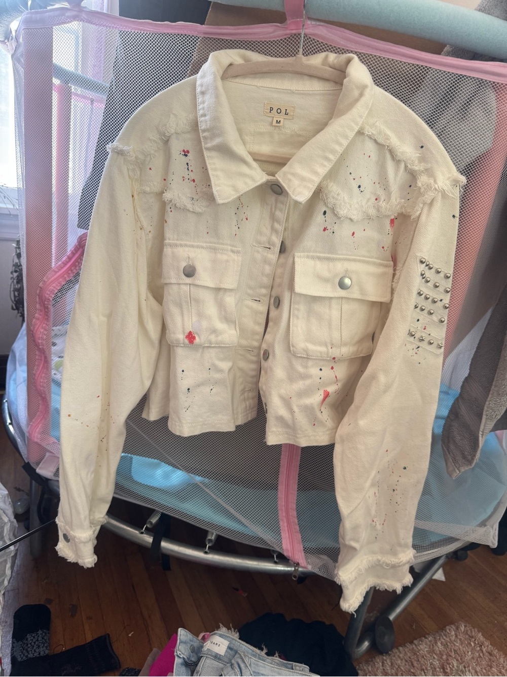 POL Cream Cropped Jean Jacket with Paint-Splatter & Studs